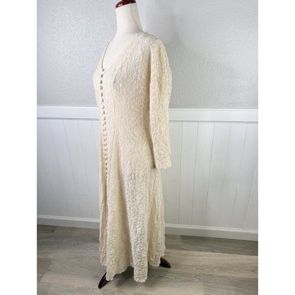 Vtg 90s Lace Romantic Dress Sz L Button Front Tie Back Victorian Fairy Whimsical - Picture 6 of 16